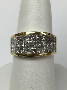 Fiery 18K Yellow Gold Princess Diamond Three Row Ring Size 7 2.65 ct of fiery princess cut diamonds Original Price: $6500 Sale Price: $4199