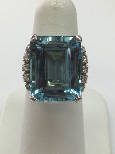 Gorgeous 14K White Gold Large Aquamarine Cocktail Ring with diamonds Genuine Aqua is 19 ct .30 ct do diamonds on the side Original Price: $3500 Sale Price: $2500 